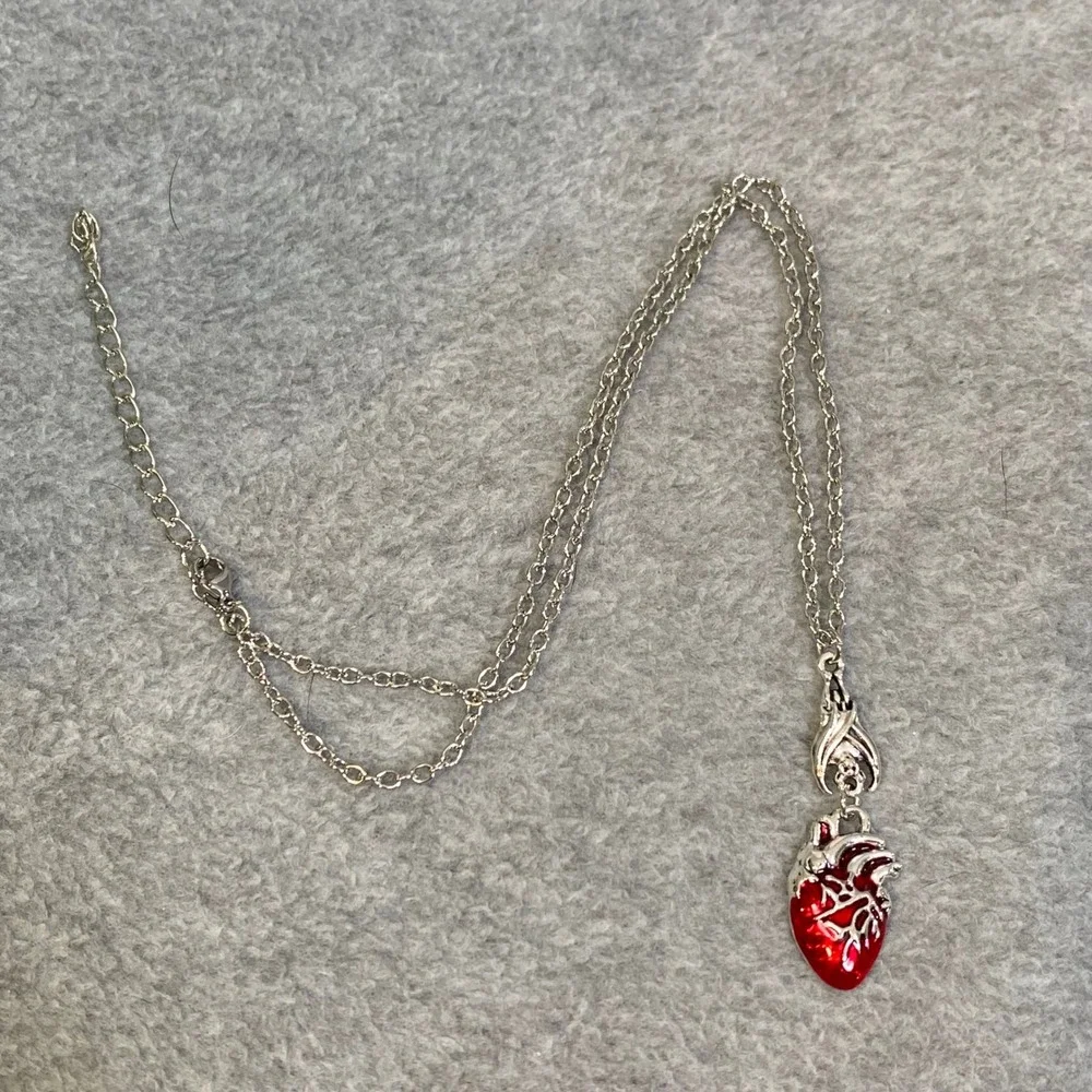 Anatomical Heart Bat Pendant Necklace Women's Gothic Halloween Silvertone  18in
